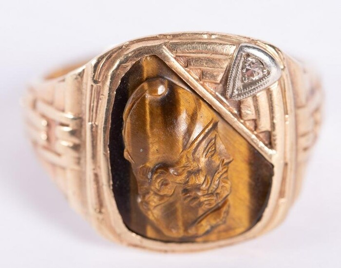 Gold Roman Warrior Tiger Eye Cameo Ring with Diamond