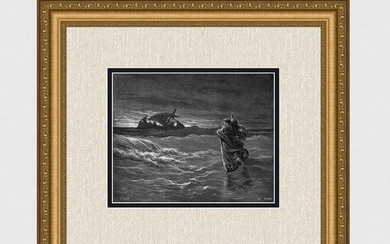 Gustave DORE 1800s Biblical Wood Engraving JESUS WALKS ON THE SEA Framed Signed