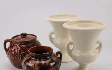 Haeger Ivory Ceramic Urn Vases with McCoy Ceramic Handled Vase and Bean Pot