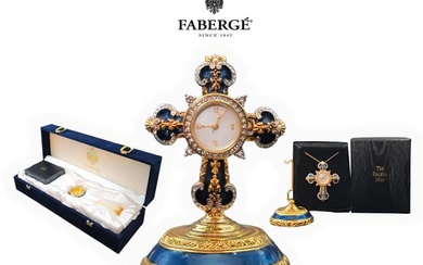House of FABERGE Sapphire Blue Enamel Crystal Cross Pendant Watch W/ Decorative Base, Boxed