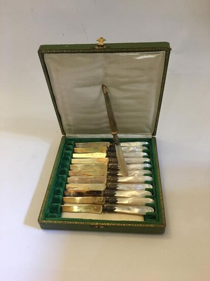 In a box, 12 dessert knives with mother-of-pearl handle and vermeil blade