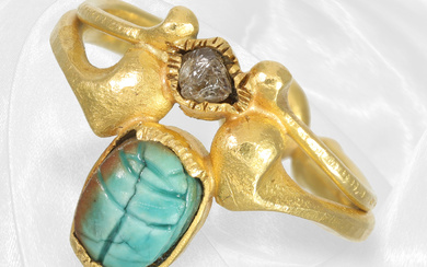 Interesting and unusually crafted goldsmith's ring with turquoise and rough diamond, 900 gold