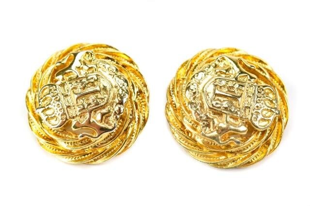 Ivana Costume Gold Tone Coat of Arms Clip Earrings