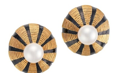 JEAN SCHLUMBERGER FOR TIFFANY & CO., A PAIR OF PEARL AND ENAMEL TAJ MAHAL CLIP EARRINGS the domed...