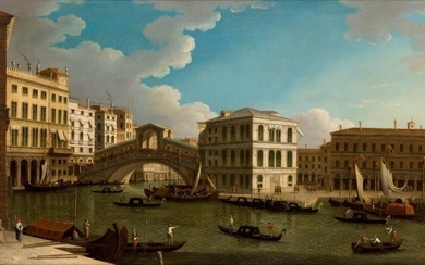 Jacopo Fabris, Italian 1689-1761- The Rialto Bridge from the North; oil on canvas, 60 x 101.5 cm. Provenance: Private Collection, UK. Note: The present work is based on plate VII from the series of fourteen engravings entitled 'Prospectus Magni...