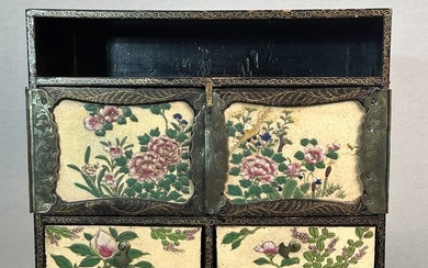 Japanese Lacquer Miniture cabinet with Porcelain Drawer, Meiji Period