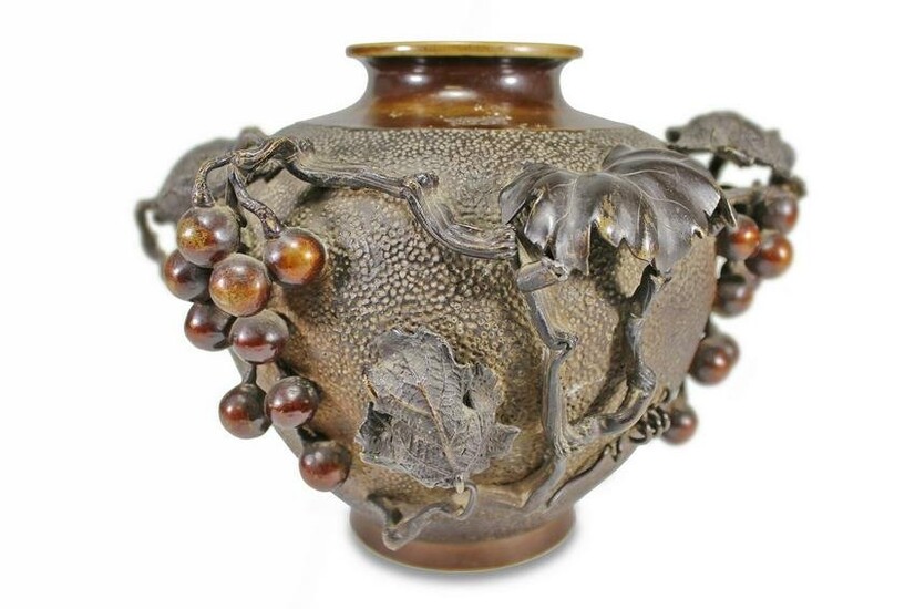 Japanese grape cluster bronze vase, Meiji period
