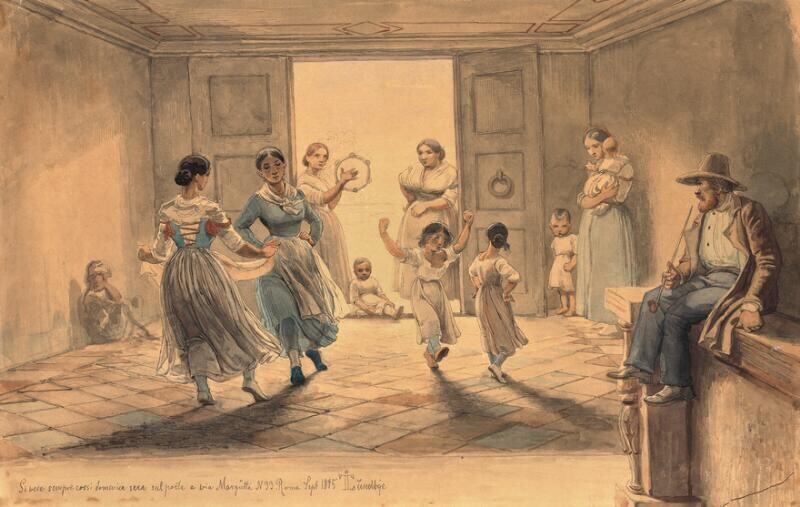 NOT SOLD. Johan Thomas Lundbye: Italian women dancing. Signed and dated. Watercolour on paper. Visible size 28 x 44 cm. – Bruun Rasmussen Auctioneers of Fine Art