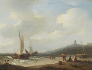 Johannes Christianus Schotel, Beach Scene with Sailing Ships