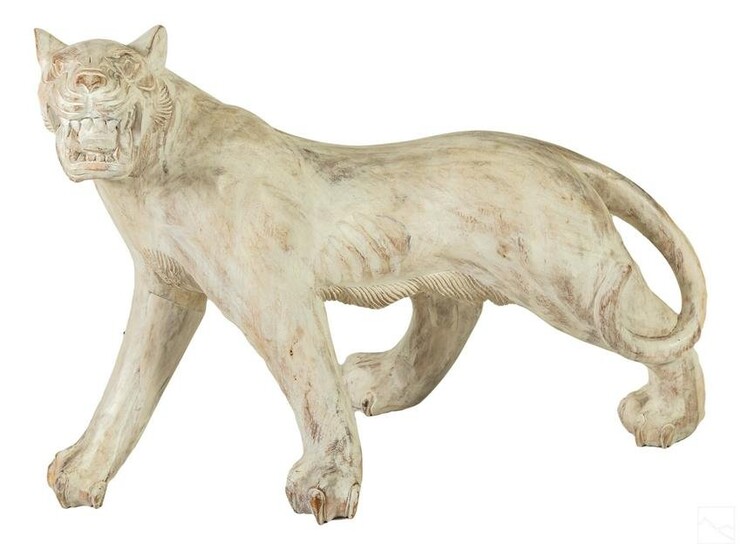 Jungle Cat White Tiger Lion Carved Wood Sculpture