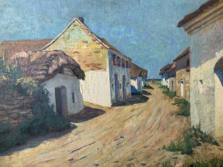 K LAUTENBERG Signed Town Scene Oil Painting 1920