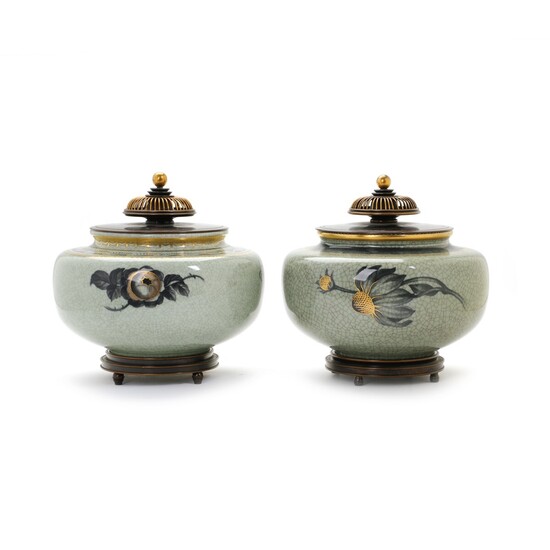 NOT SOLD. Knud Andersen, Kgl. P.: A pair of porcelain lidded jars decorated with greenish...