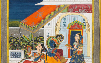 Krishna dressing Radha's hair, seated on a terrace with a...