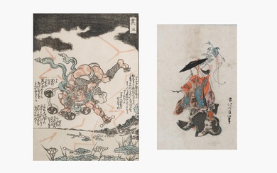 Kunisada Utagawa (1786-1864), 'Shunga 1820', framed wood engraving. Added 'Geisha' wood engraving. Japan, 1850. Dim. approx. 13 x 19 cm.