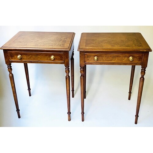 LAMP TABLES, a pair, George III style burr walnut and crossb...