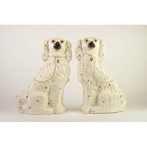 LARGE PAIR OF VICTORIAN STAFFORDSHIRE POTTERY MANTLE DOGS, t...