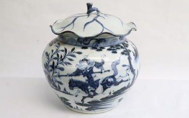 Large Chinese blue & white porcelain covered jar
