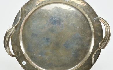 Large round two handled sterling silver tray. Leaf form