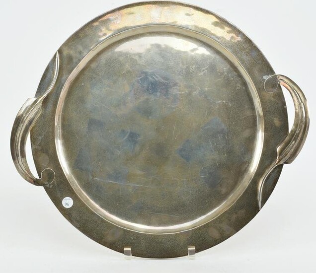 Large round two handled sterling silver tray. Leaf form