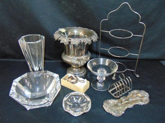 Lot silver plate & crystal, Orrefors bowl & matching