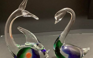 MURANO MADE IN ITALY ART GLASS FIGURINE SWAN AND FISH WITH MURANO STICKER