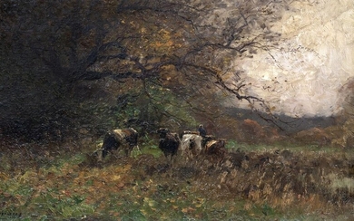 Maurice HAGEMANS (1852-1917) Vaches dans une clairière Toile marouflée sur panneau d’isorel Signé en bas...