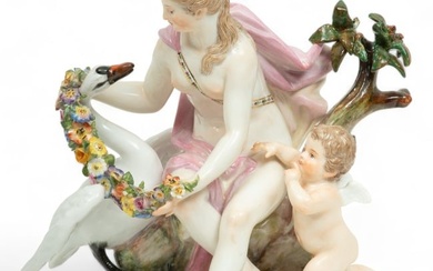 Meissen (German) Painted Porcelain Figural Grouping, Leda And the Swan, Ca. 19th C., H 7" W 7" Depth