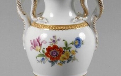 Meissen "snake handle vase" with flower painting