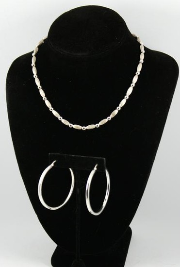 Modern Silver Bead Necklace and Hoop Earrings