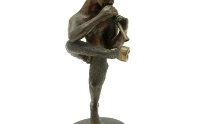 Modernist Bronze Satyr Playing a Recorder.