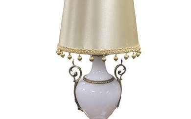 Most Unusual Milk Glass & Brass Table Lamp & Shade 63cm H I...
