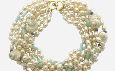 Multi-strand freshwater cultured pearl, shell, and gem-set necklace