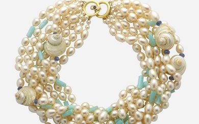 Multi-strand freshwater cultured pearl, shell, and gem-set necklace