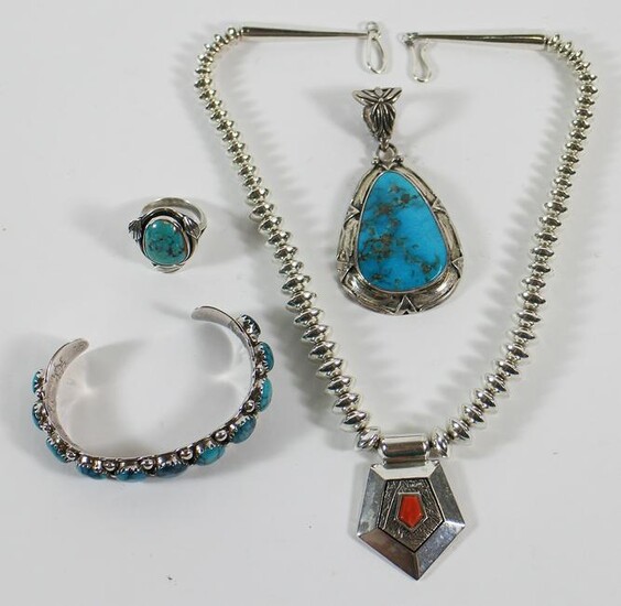 NATIVE AMERICAN STERLING TURQUOISE & CORAL JEWELRY
