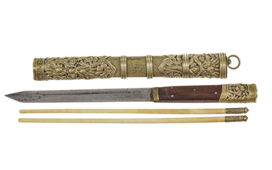 Nécessaire à pique-nique comprenant une paire de baguettes et un couteau, Chine, dynastie Qing, l. 18,5 cm (étui)