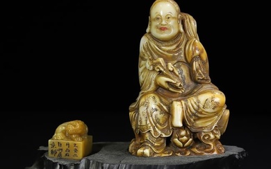 Old Chinese Shoushan Stone Buddhism Arhat & Pixiu Seal Statue