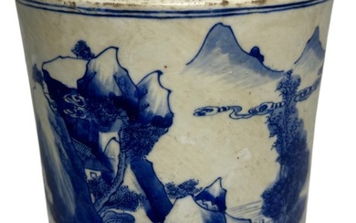 Old Chinese Signed 6.75 x 6.25 Inch Blue White Cylinder Landscape Porcelain Vase Canton Related 4 Ch