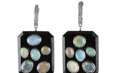 Opal, Diamond, Onyx and Silver Earrings