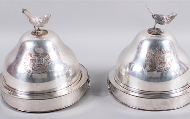 PAIR OF ENGLISH ARMORIAL SILVERPLATED GAME HEATED DISHES