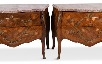 PAIR OF LOUIS XV STYLE BRASS MOUNTED MARQUETRY AND TULIPWOOD COMMODES 33 1/2 x 47 x 22 in. (85.1 x 119.4 x 55.9 cm.)