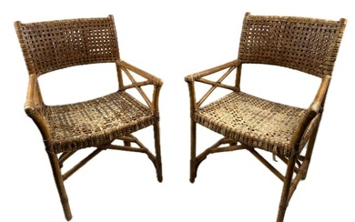 PAIR OF MCGUIRE-STYLE WOVEN LEATHER AND RATTAN ARMCHAIRS Late 20th Century Back heights 34".