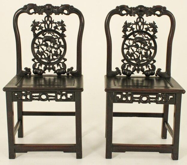 PR OF CHINESE CARVED TEAKWOOD COURT CHAIRS, QING