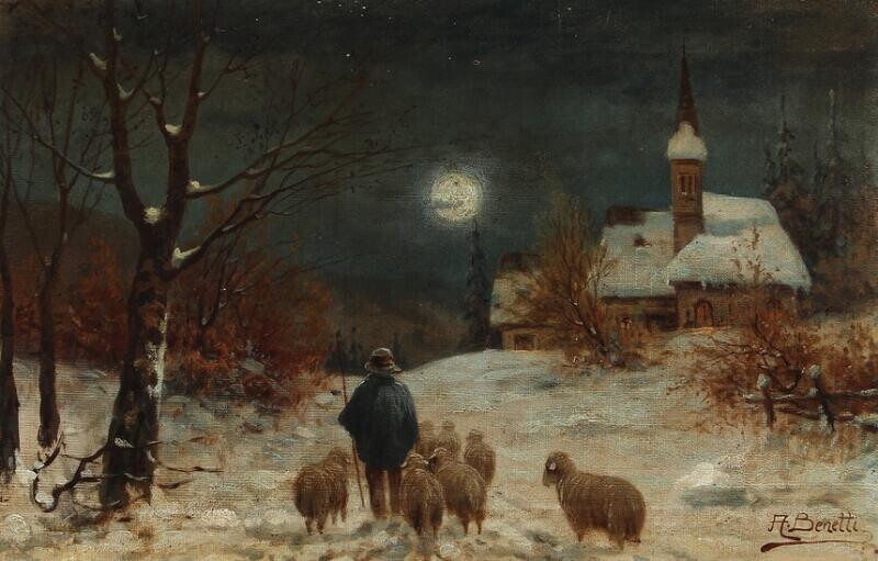 NOT SOLD. Painter unknown, 19th century: A shepherd with his herd in the moonlight. Signed. Oil on canvas. 36 x 56 cm. – Bruun Rasmussen Auctioneers of Fine Art