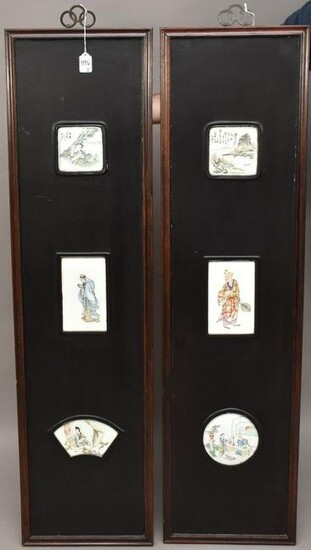 Pair Chinese Porcelain Plaque Wood Framed Panels - Each