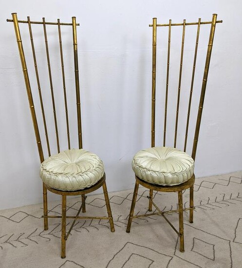 Pair Italian Style Gilt Metal Chairs with Tall Backs.
