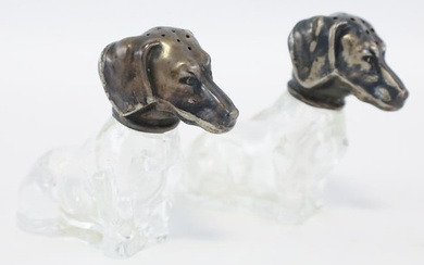 Pair Of Sterling Silver & Glass Dachshund Shakers