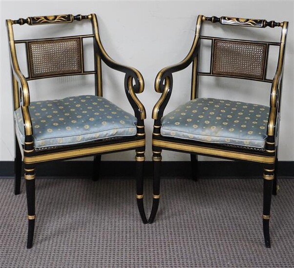 Pair Regency Style Gilt Decorated Ebonized Wood Cane Seat and Back Armchairs