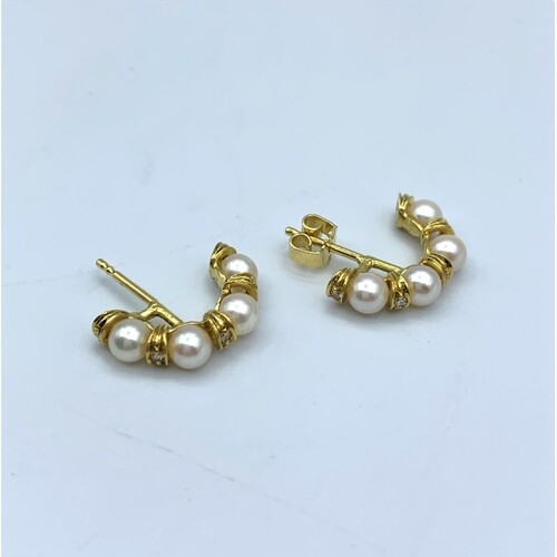 Pair of 18ct yellow gold diamond and pearl earrings (0.10ct)...