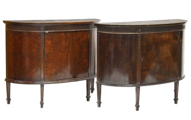 Pair of 1920s inlaid mahogany demi-lune side cabinets in the Adam Revival taste