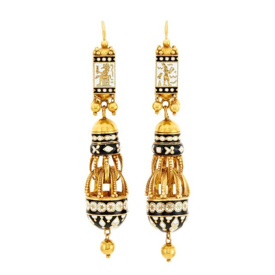 Pair of Antique Gold and Black and White Enamel Pendant-Earrings, France